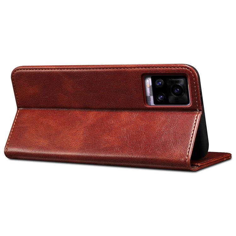 Magnetic Absorption Waxy Crazy Horse Texture PU Leather Wallet Case Stand Phone Cover for Oppo A35/A15/A15s - Brown