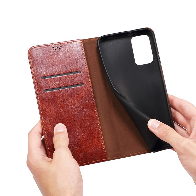 Magnetic Absorption Waxy Crazy Horse Texture PU Leather Wallet Case Stand Phone Cover for Oppo A35/A15/A15s - Brown