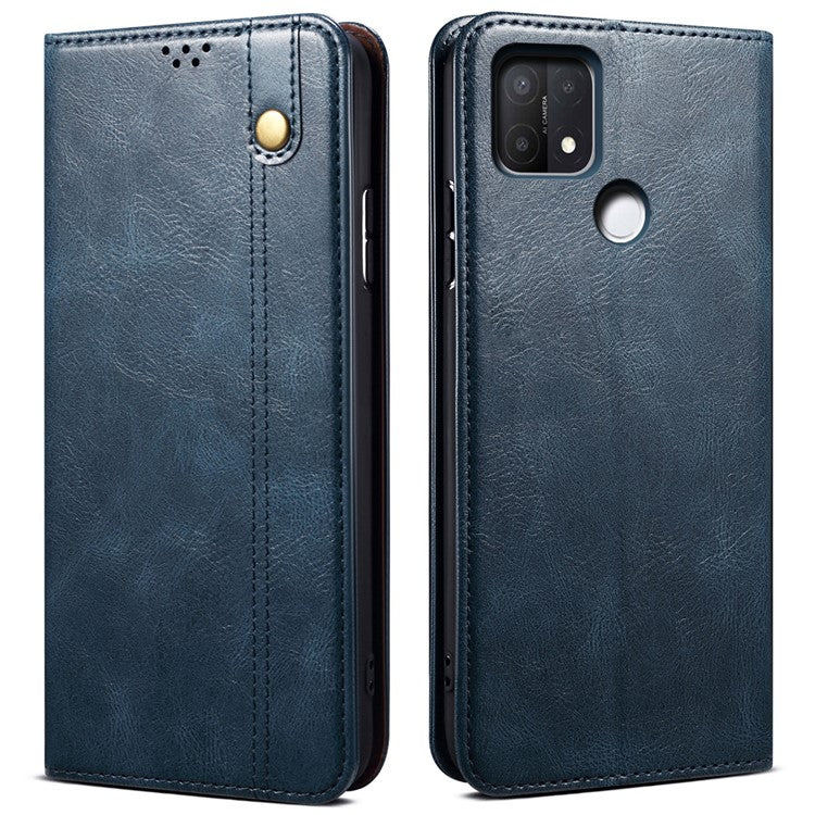 Magnetic Absorption Waxy Crazy Horse Texture PU Leather Wallet Case Stand Phone Cover for Oppo A35/A15/A15s - Blue