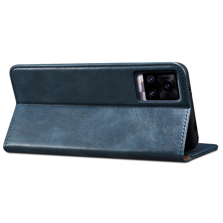 Magnetic Absorption Waxy Crazy Horse Texture PU Leather Wallet Case Stand Phone Cover for Oppo A35/A15/A15s - Blue