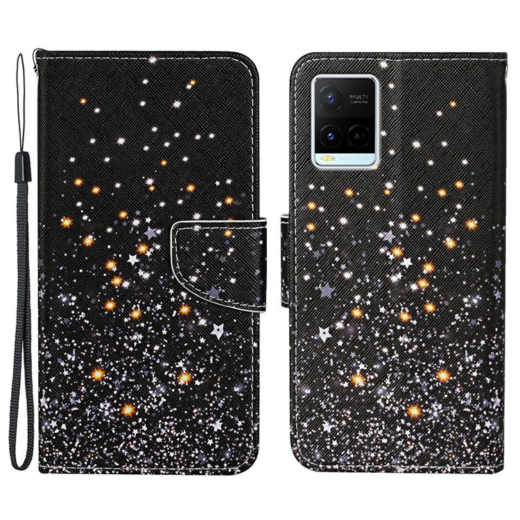 Cross Texture Cover PU Leather Stand Pattern Printing Wallet Case with Handy Strap for vivo Y21 / Y21s / Y33s - Star