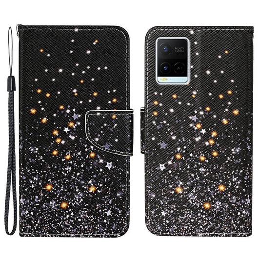 Cross Texture Cover PU Leather Stand Pattern Printing Wallet Case with Handy Strap for vivo Y21 / Y21s / Y33s - Star