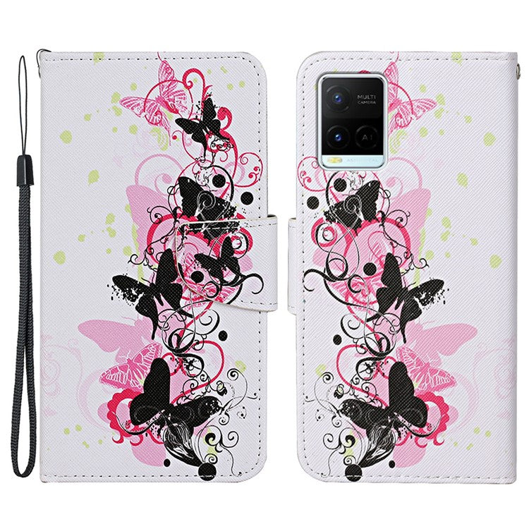 Cross Texture Cover PU Leather Stand Pattern Printing Wallet Case with Handy Strap for vivo Y21 / Y21s / Y33s - Four Butterflies