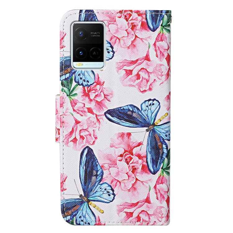 Cross Texture Cover PU Leather Stand Pattern Printing Wallet Case with Handy Strap for vivo Y21 / Y21s / Y33s - Butterflies and Flowers