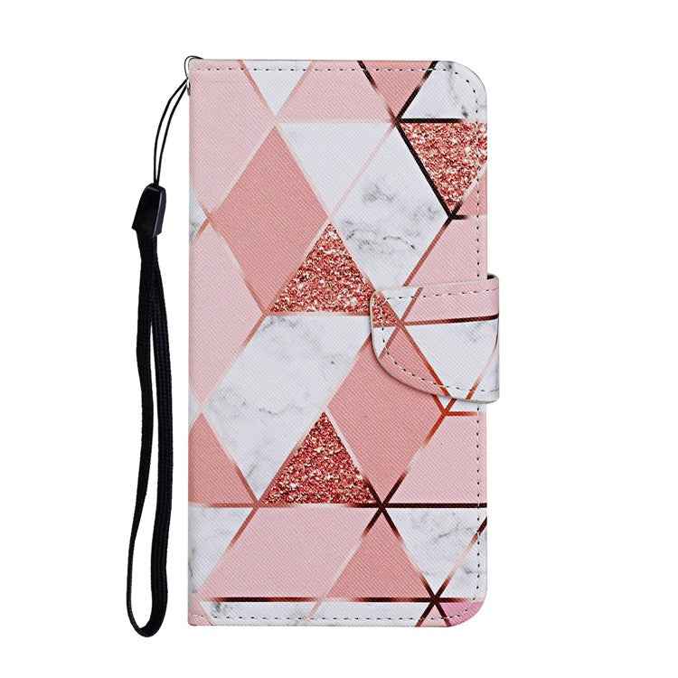 Cross Texture Cover PU Leather Stand Pattern Printing Wallet Case with Handy Strap for vivo Y21 / Y21s / Y33s - Pink / White Marble