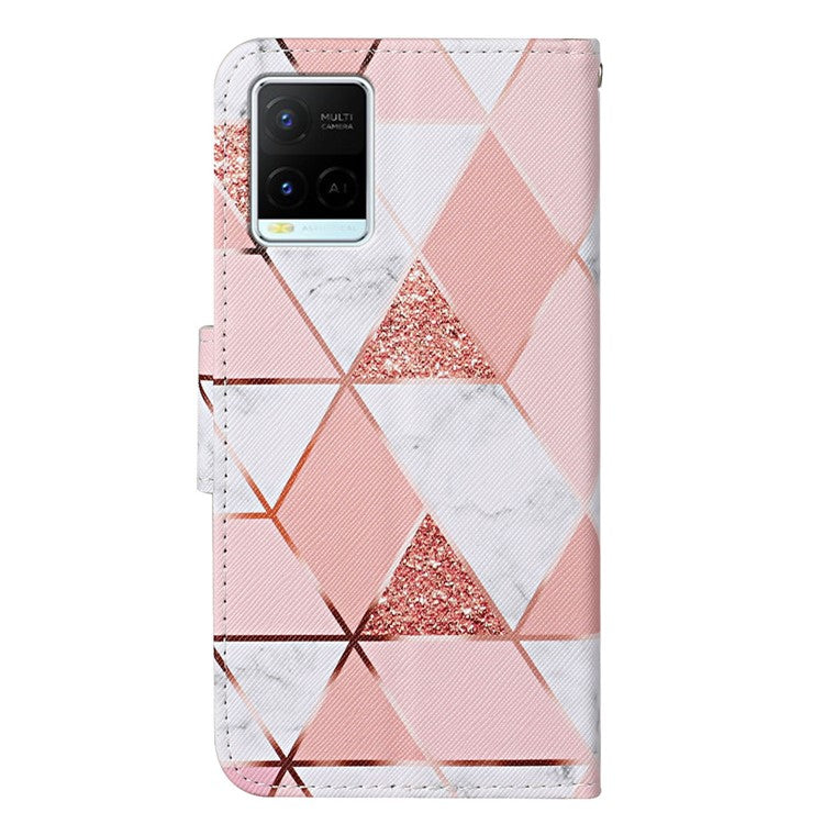 Cross Texture Cover PU Leather Stand Pattern Printing Wallet Case with Handy Strap for vivo Y21 / Y21s / Y33s - Pink / White Marble