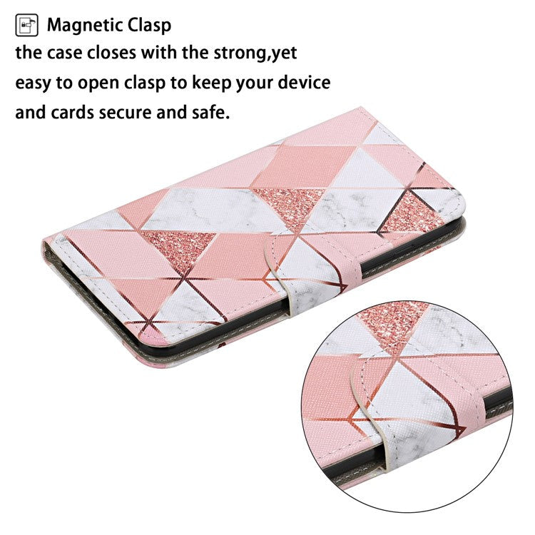 Cross Texture Cover PU Leather Stand Pattern Printing Wallet Case with Handy Strap for vivo Y21 / Y21s / Y33s - Pink / White Marble