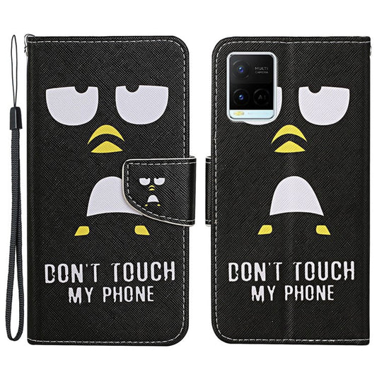 Cross Texture Cover PU Leather Stand Pattern Printing Wallet Case with Handy Strap for vivo Y21 / Y21s / Y33s - Don't Touch My Phone