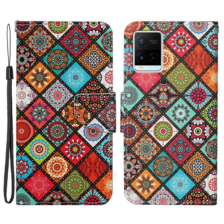 Cross Texture Cover PU Leather Stand Pattern Printing Wallet Case with Handy Strap for vivo Y21 / Y21s / Y33s - Ethnic Style