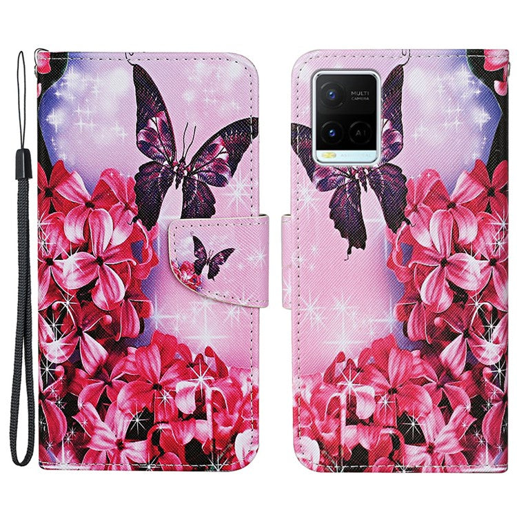 Cross Texture Cover PU Leather Stand Pattern Printing Wallet Case with Handy Strap for vivo Y21 / Y21s / Y33s - Red Flowers / Butterfly