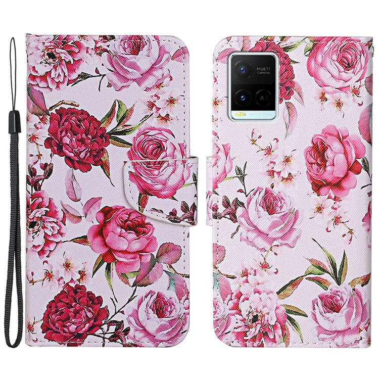 Cross Texture Cover PU Leather Stand Pattern Printing Wallet Case with Handy Strap for vivo Y21 / Y21s / Y33s - Peony Flowers