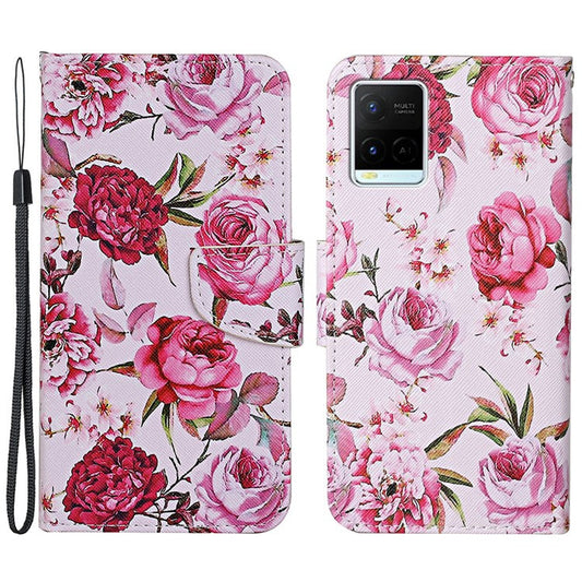 Cross Texture Cover PU Leather Stand Pattern Printing Wallet Case with Handy Strap for vivo Y21 / Y21s / Y33s - Peony Flowers