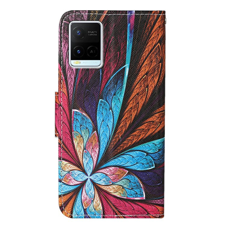 Cross Texture Cover PU Leather Stand Pattern Printing Wallet Case with Handy Strap for vivo Y21 / Y21s / Y33s - Colorful Flower