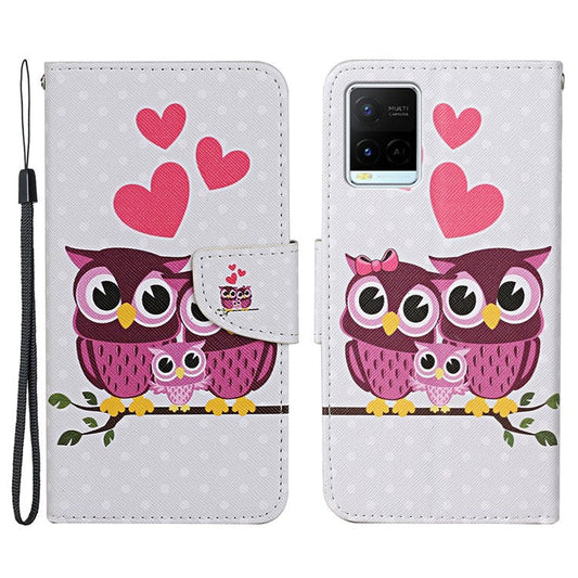 Cross Texture Cover PU Leather Stand Pattern Printing Wallet Case with Handy Strap for vivo Y21 / Y21s / Y33s - Owl Family