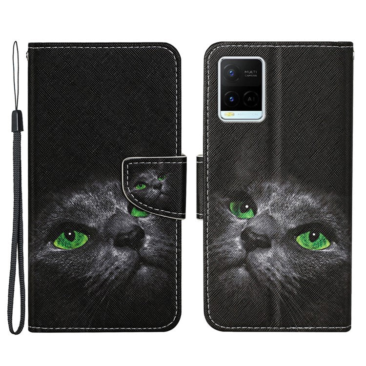 Cross Texture Cover PU Leather Stand Pattern Printing Wallet Case with Handy Strap for vivo Y21 / Y21s / Y33s - Cat's Eye