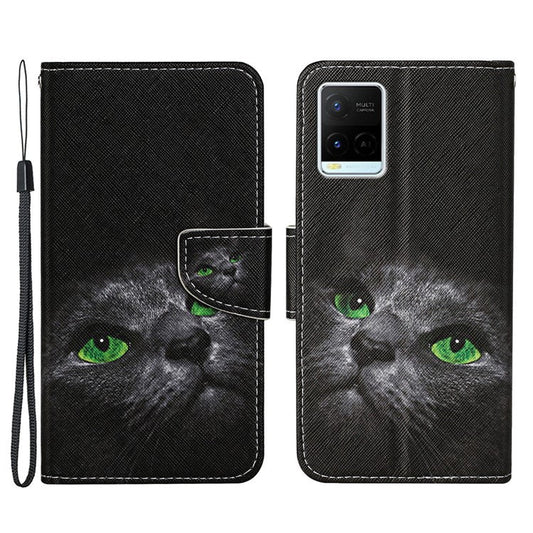 Cross Texture Cover PU Leather Stand Pattern Printing Wallet Case with Handy Strap for vivo Y21 / Y21s / Y33s - Cat's Eye