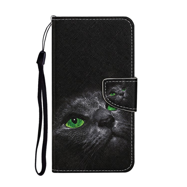 Cross Texture Cover PU Leather Stand Pattern Printing Wallet Case with Handy Strap for vivo Y21 / Y21s / Y33s - Cat's Eye