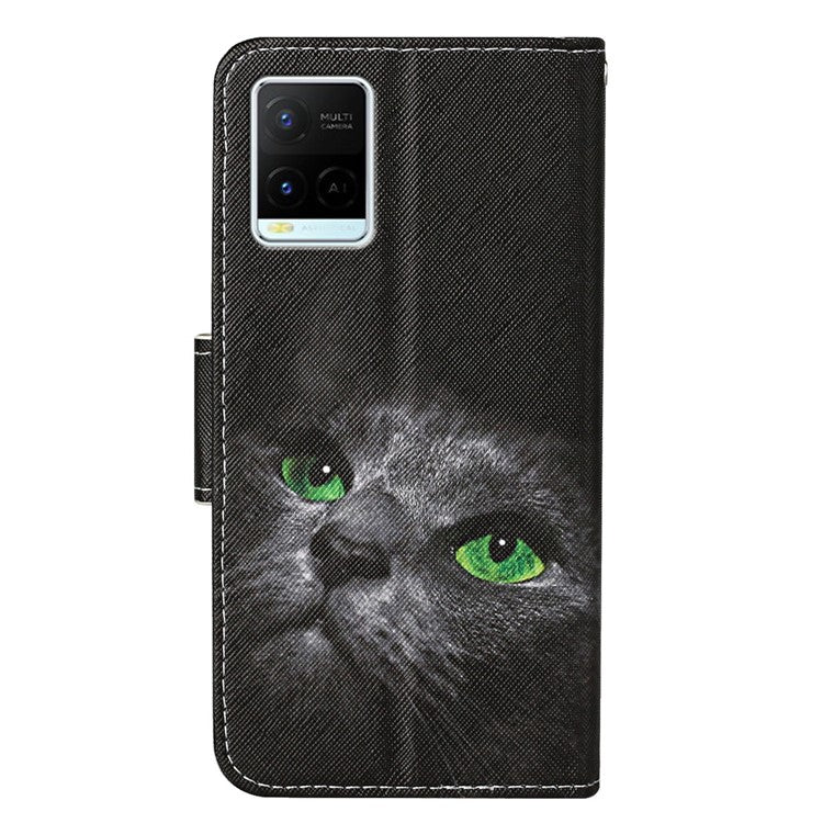 Cross Texture Cover PU Leather Stand Pattern Printing Wallet Case with Handy Strap for vivo Y21 / Y21s / Y33s - Cat's Eye