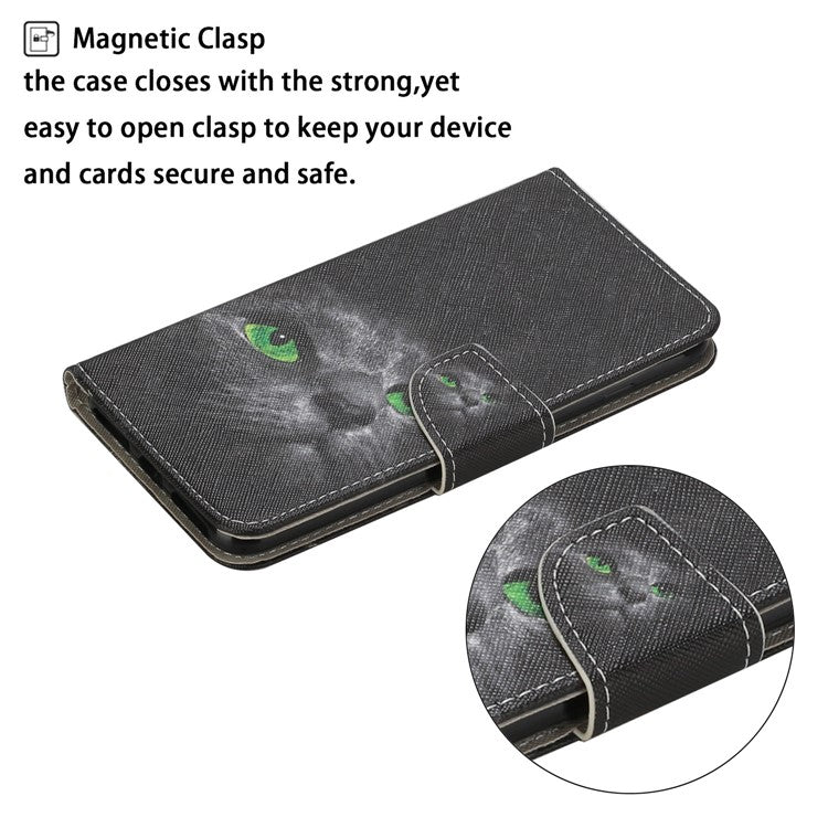 Cross Texture Cover PU Leather Stand Pattern Printing Wallet Case with Handy Strap for vivo Y21 / Y21s / Y33s - Cat's Eye