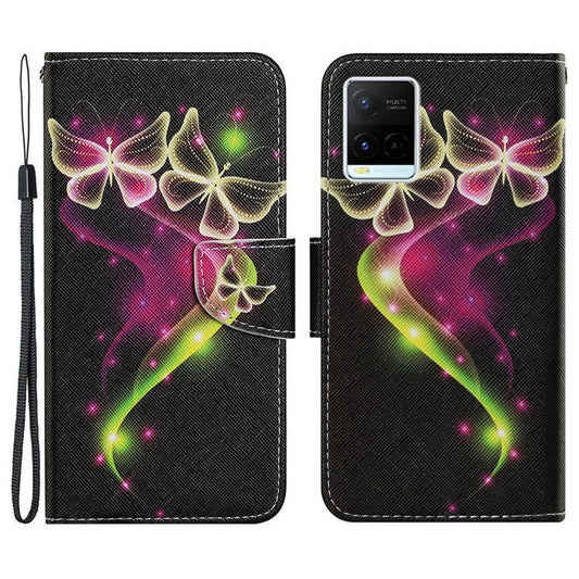 Magnetic Clasp Stylish Pattern Printing Cross Texture Anti-fall Leather Wallet Cover Stand Case with Strap for vivo Y21/Y21s/Y33s - Couple Butterflies