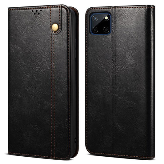 Anti-fall Waxy Crazy Horse Texture PU Leather Wallet Case Stand Magnetic Absorption Phone Cover for Realme C21Y/C25Y - Black