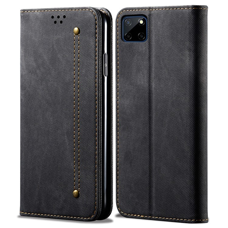 Jeans Cloth Texture Well-protected PU Leather Flip Case Wallet Stand TPU Inner Shell Phone Cover for Realme C21Y/C25Y - Black