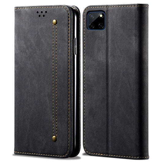 Jeans Cloth Texture Well-protected PU Leather Flip Case Wallet Stand TPU Inner Shell Phone Cover for Realme C21Y/C25Y - Black