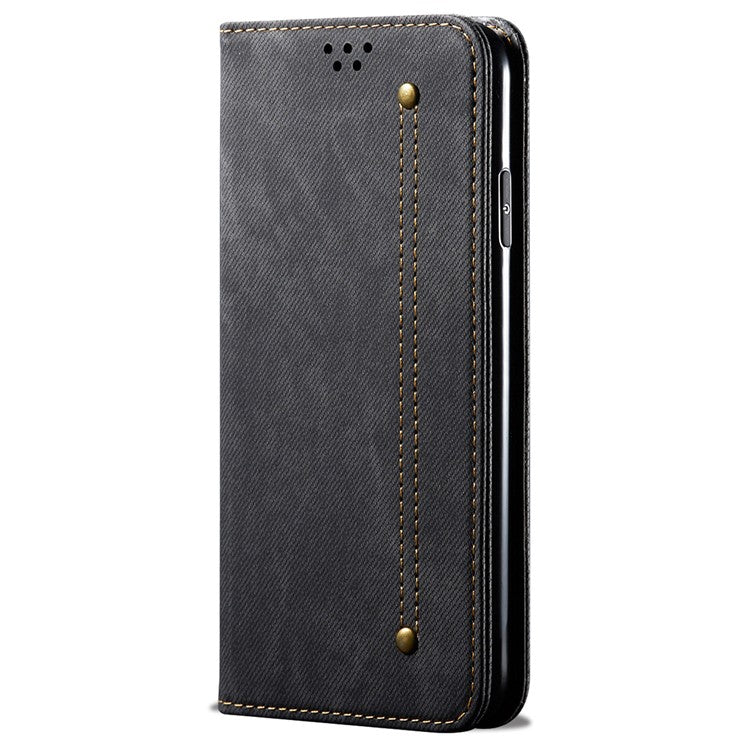 Jeans Cloth Texture Well-protected PU Leather Flip Case Wallet Stand TPU Inner Shell Phone Cover for Realme C21Y/C25Y - Black