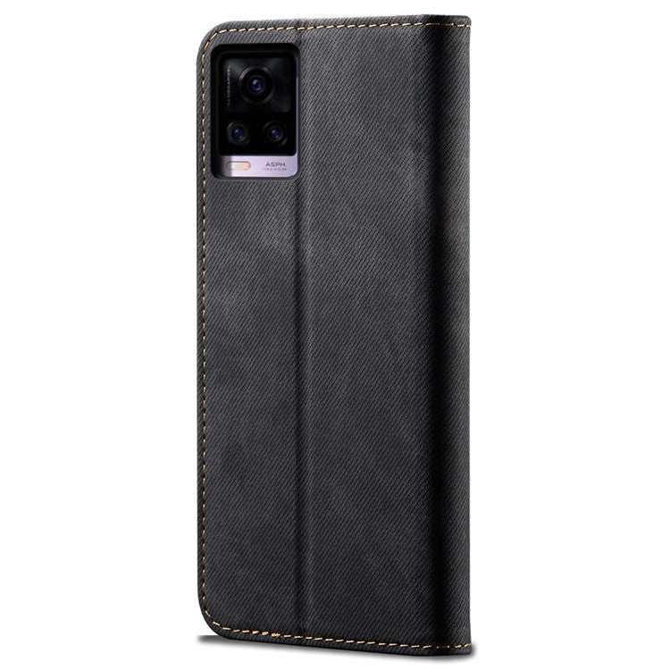 Jeans Cloth Texture Well-protected PU Leather Flip Case Wallet Stand TPU Inner Shell Phone Cover for Realme C21Y/C25Y - Black