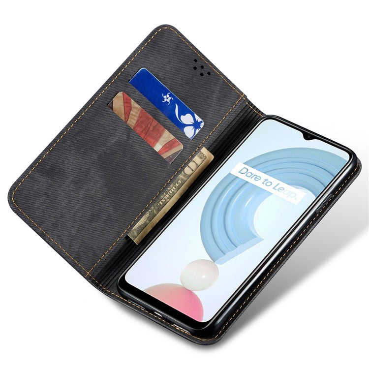 Jeans Cloth Texture Well-protected PU Leather Flip Case Wallet Stand TPU Inner Shell Phone Cover for Realme C21Y/C25Y - Black