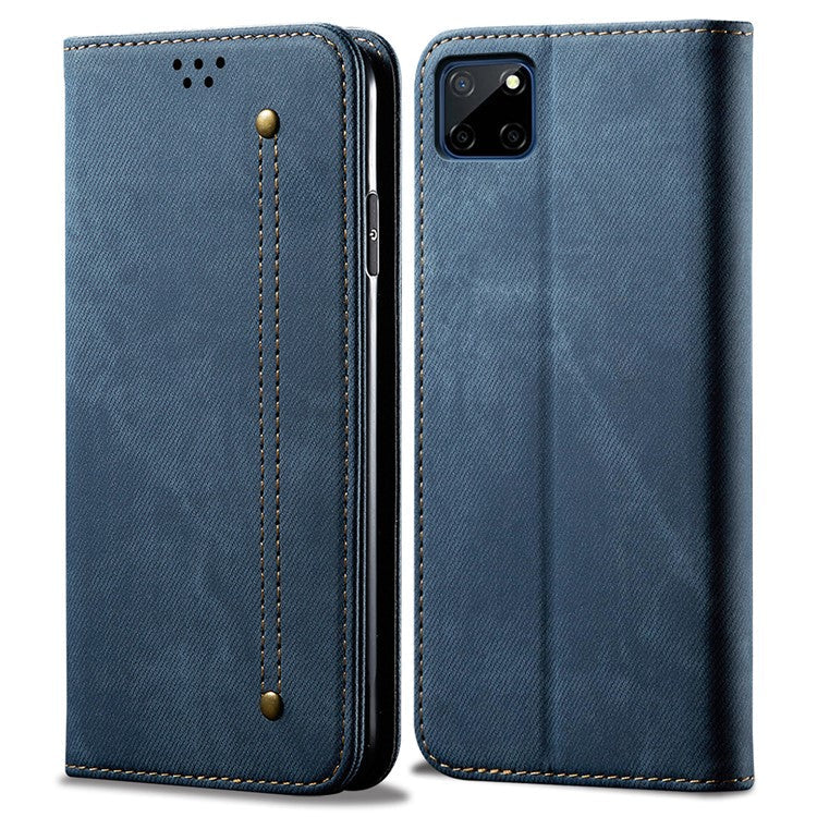 Jeans Cloth Texture Well-protected PU Leather Flip Case Wallet Stand TPU Inner Shell Phone Cover for Realme C21Y/C25Y - Blue
