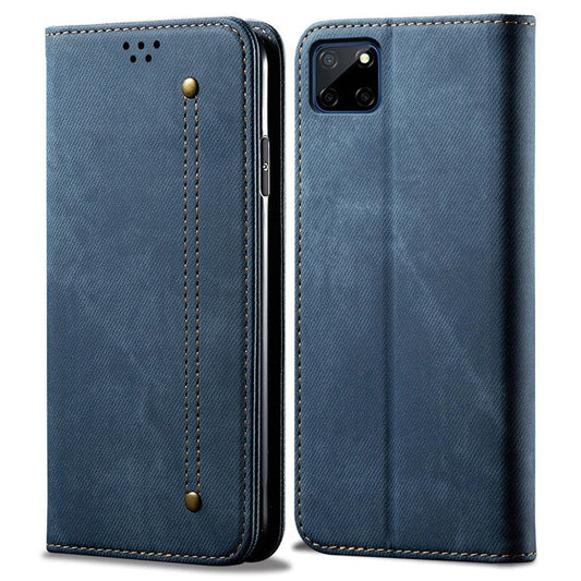 Jeans Cloth Texture Well-protected PU Leather Flip Case Wallet Stand TPU Inner Shell Phone Cover for Realme C21Y/C25Y - Blue