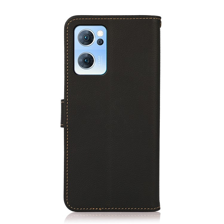 KHAZNEH RFID Blocking Top Layer Genuine Leather Wallet Case Shockproof TPU Shell with Stand for Oppo Reno7 5G (China) - Black