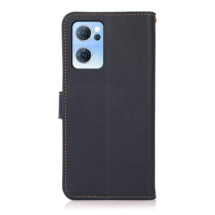 KHAZNEH RFID Blocking Top Layer Genuine Leather Wallet Case Shockproof TPU Shell with Stand for Oppo Reno7 5G (China) - Blue