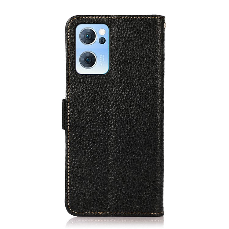 KHAZNEH RFID Blocking Wallet Phone Case Litchi Texture Top Layer Genuine Leather Stand Cover for Oppo Reno7 5G (China) - Black