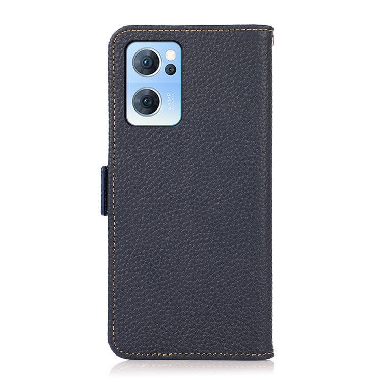KHAZNEH RFID Blocking Wallet Phone Case Litchi Texture Top Layer Genuine Leather Stand Cover for Oppo Reno7 5G (China) - Blue