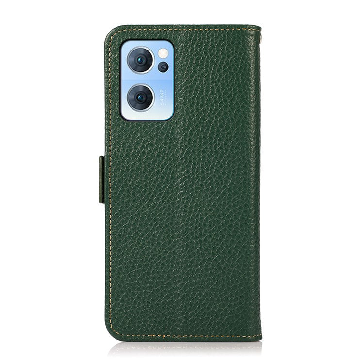 KHAZNEH RFID Blocking Wallet Phone Case Litchi Texture Top Layer Genuine Leather Stand Cover for Oppo Reno7 5G (China) - Green