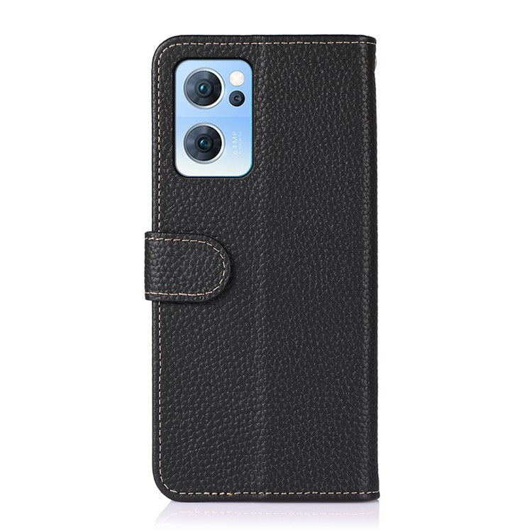 KHAZNEH Litchi Texture Top Layer Genuine Leather Cover Flip Book Stand Shockproof Wallet Phone Case for Oppo Reno7 5G (China) - Black
