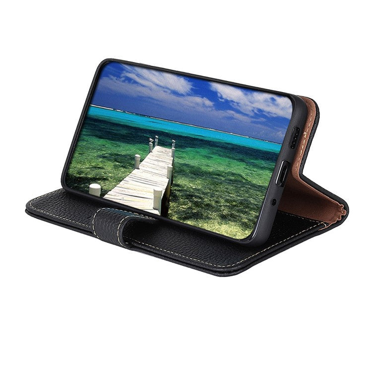 KHAZNEH Litchi Texture Top Layer Genuine Leather Cover Flip Book Stand Shockproof Wallet Phone Case for Oppo Reno7 5G (China) - Black