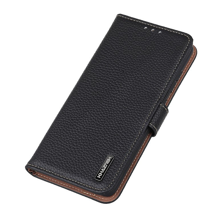 KHAZNEH Litchi Texture Top Layer Genuine Leather Cover Flip Book Stand Shockproof Wallet Phone Case for Oppo Reno7 5G (China) - Black