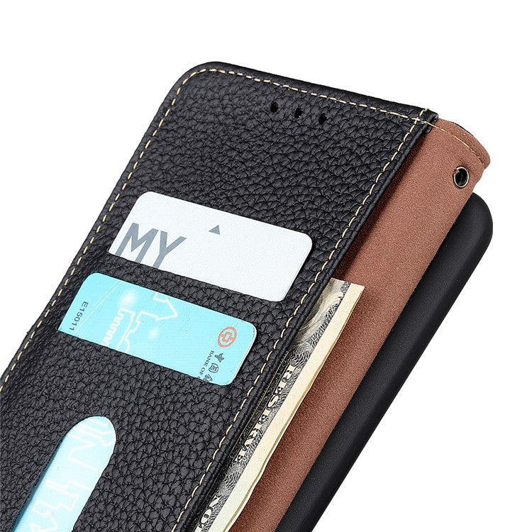 KHAZNEH Litchi Texture Top Layer Genuine Leather Cover Flip Book Stand Shockproof Wallet Phone Case for Oppo Reno7 5G (China) - Black