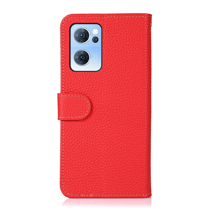 KHAZNEH Litchi Texture Top Layer Genuine Leather Cover Flip Book Stand Shockproof Wallet Phone Case for Oppo Reno7 5G (China) - Red