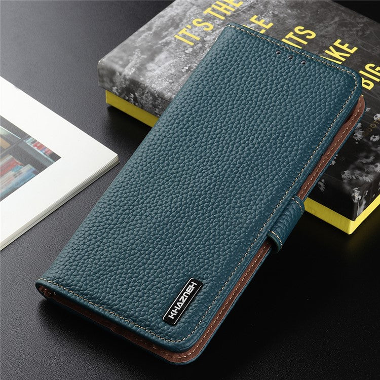 KHAZNEH Litchi Texture Top Layer Genuine Leather Cover Flip Book Stand Shockproof Wallet Phone Case for Oppo Reno7 5G (China) - Green