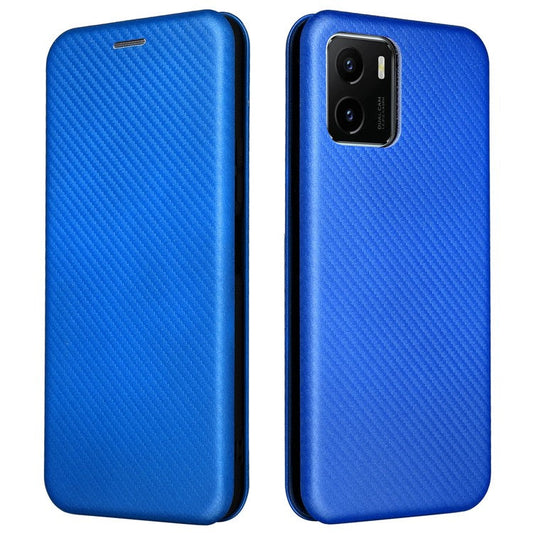 Carbon Fiber Texture PU Leather Case Stand Card Slot Magnetic Auto Closing Phone Case Shell for vivo Y15s / Y15a - Blue