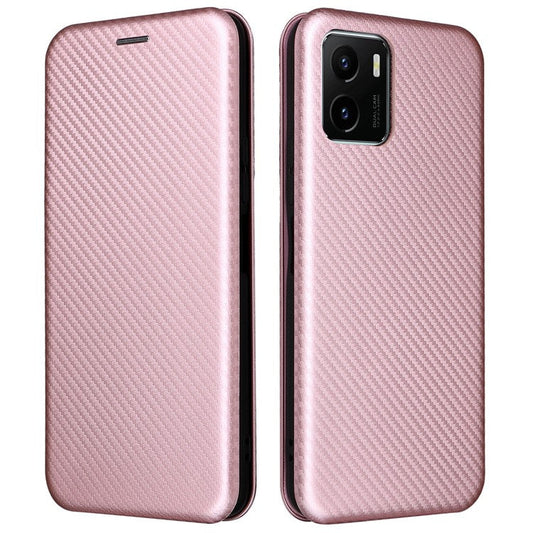 Carbon Fiber Texture PU Leather Case Stand Card Slot Magnetic Auto Closing Phone Case Shell for vivo Y15s / Y15a - Rose Gold