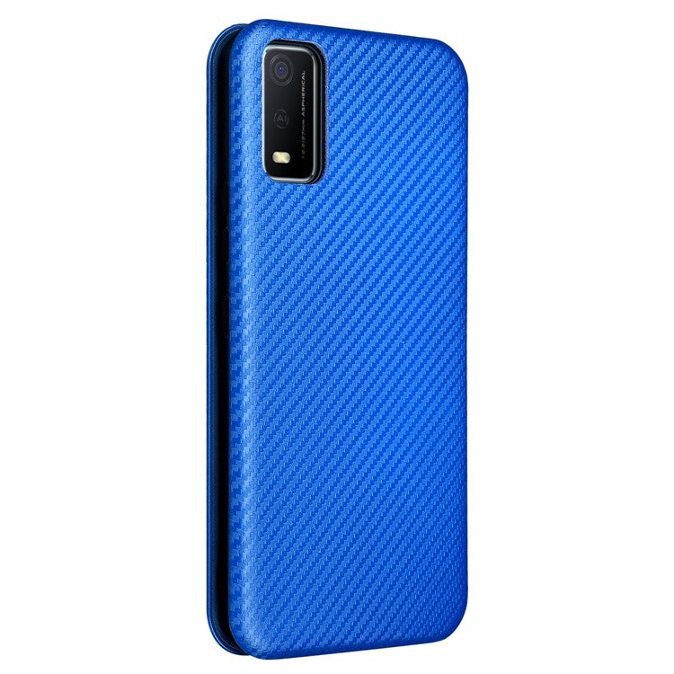 Carbon Fiber Texture Magnetic Auto Closing PU Leather Phone Case Cover with Stand and Card Slot for vivo Y3s (2021) - Blue