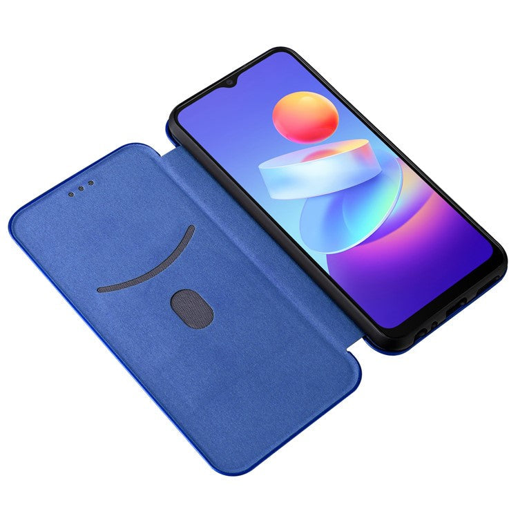 Carbon Fiber Texture Magnetic Auto Closing PU Leather Phone Case Cover with Stand and Card Slot for vivo Y3s (2021) - Blue