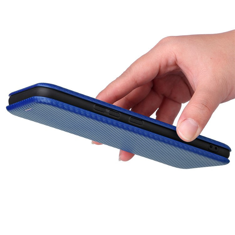 Carbon Fiber Texture Magnetic Auto Closing PU Leather Phone Case Cover with Stand and Card Slot for vivo Y3s (2021) - Blue