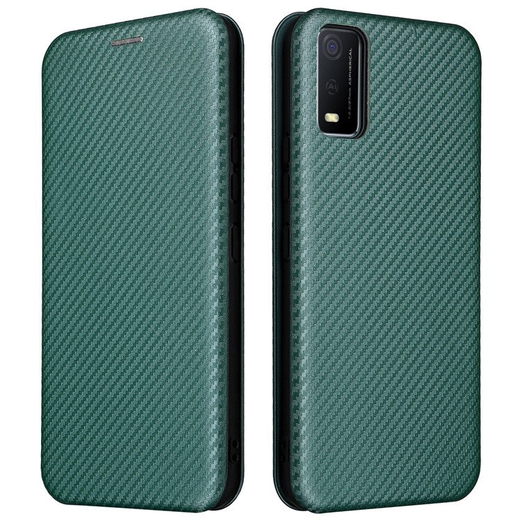 Carbon Fiber Texture Magnetic Auto Closing PU Leather Phone Case Cover with Stand and Card Slot for vivo Y3s (2021) - Green