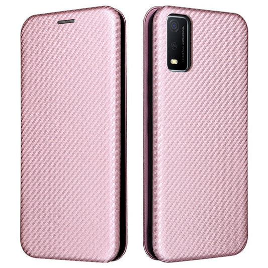 Carbon Fiber Texture Magnetic Auto Closing PU Leather Phone Case Cover with Stand and Card Slot for vivo Y3s (2021) - Rose Gold